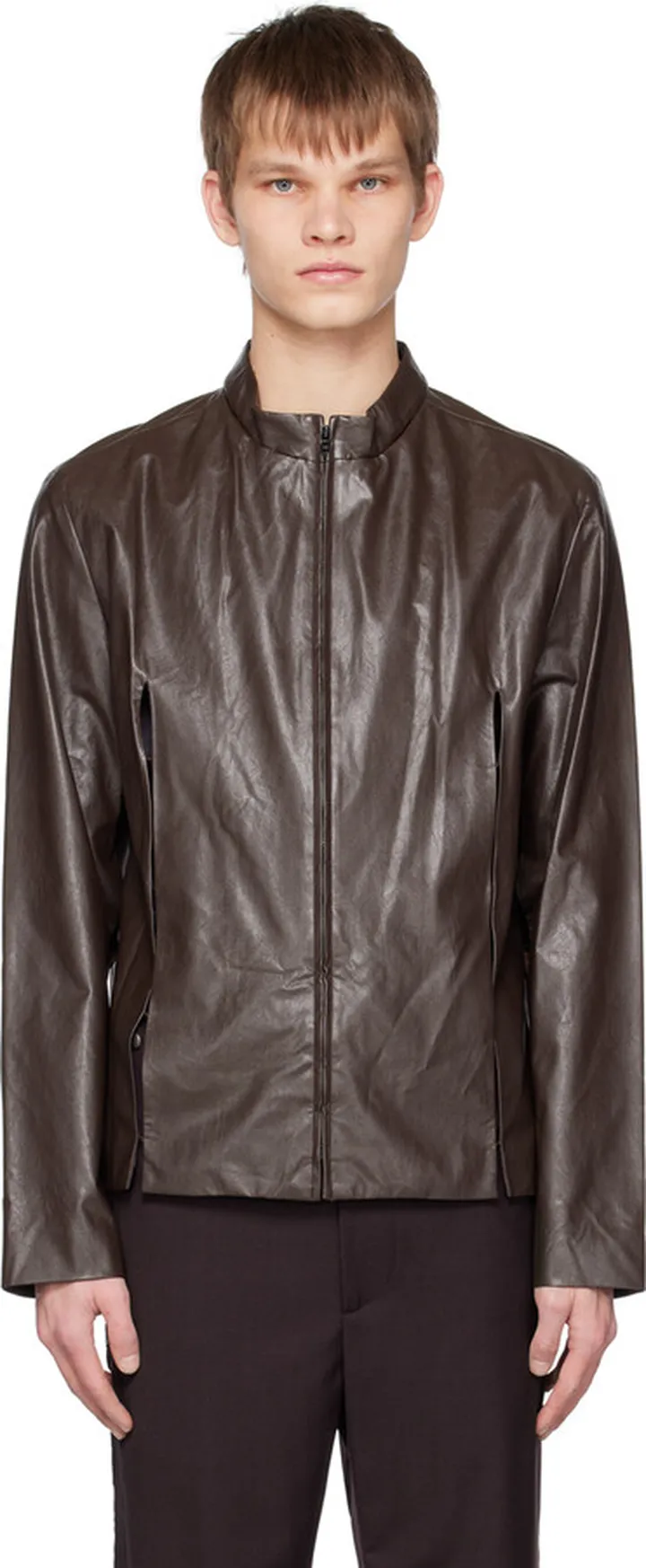 TheOpen Product SSENSE Exclusive Brown Slit Faux-Leather Jacket
