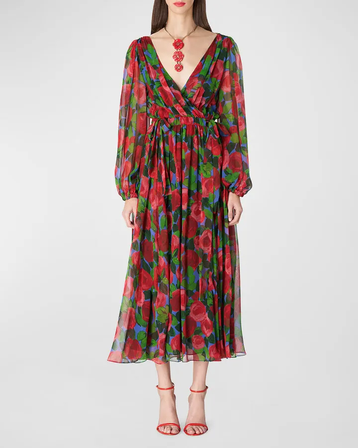 Rose-Print Pleated Faux Wrap Dress