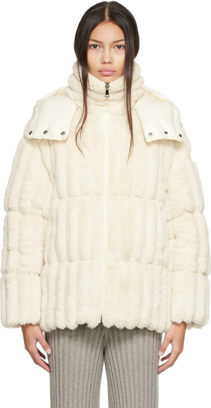 Moncler White Fare Faux-Fur Down Jacket
