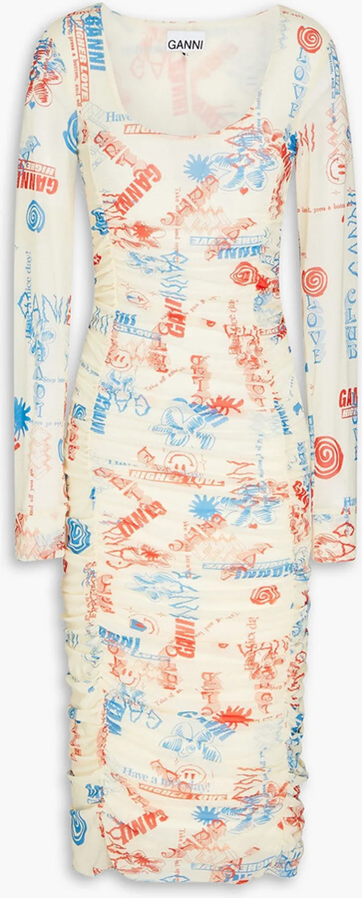 Ruched printed stretch-mesh midi dress