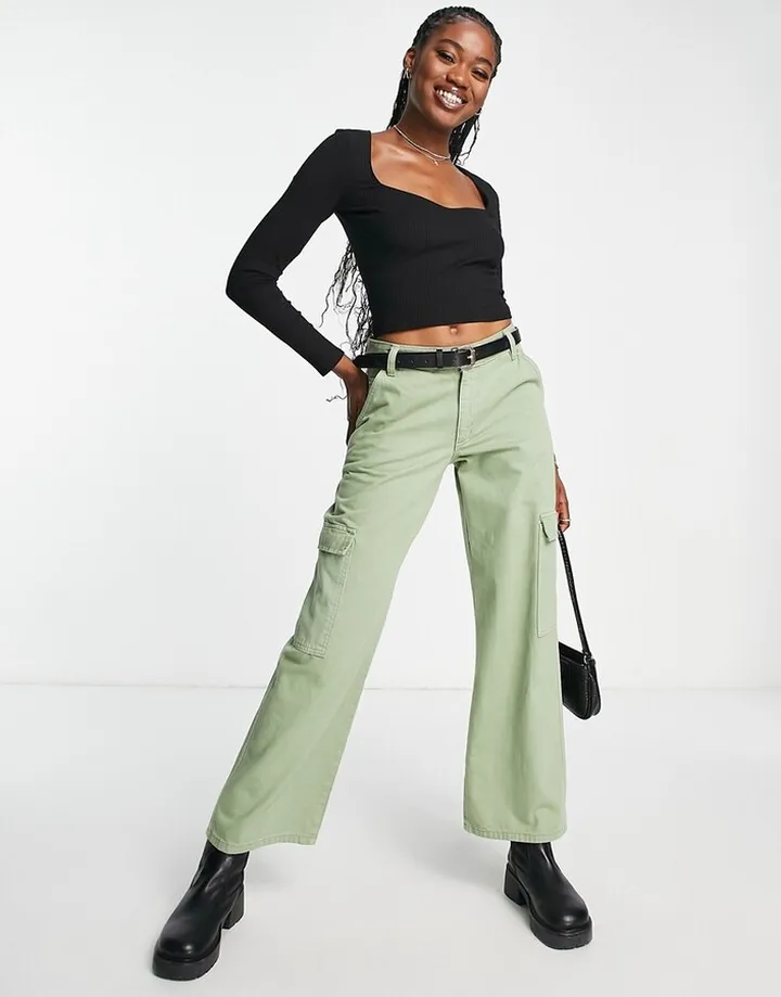 Monki ribbed sweetheart neckline long sleeve top in black