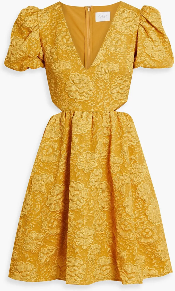 Cutout gathered floral-jacquard mini dress
