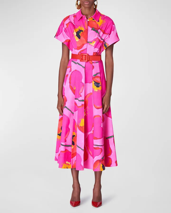 Floral-Print Kimono-Sleeve Paneled Midi Shirtdress