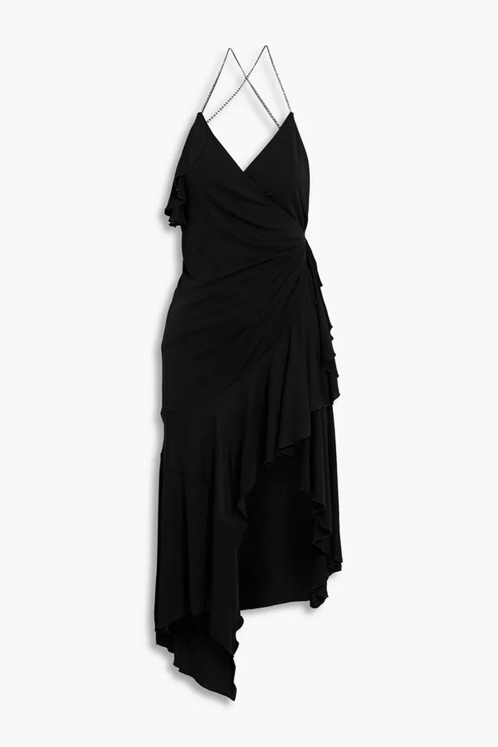 Crystal-embellished asymmetric draped jersey mini dress