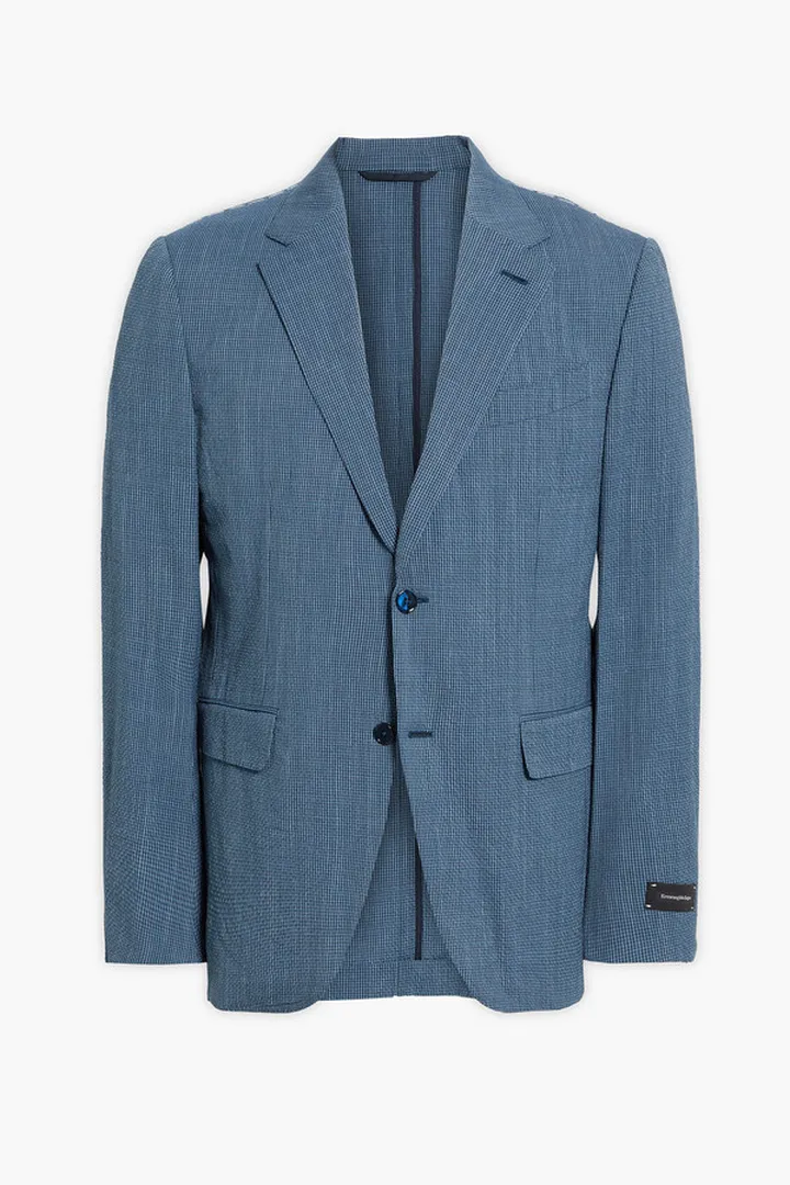Checked wool-blend seersucker blazer