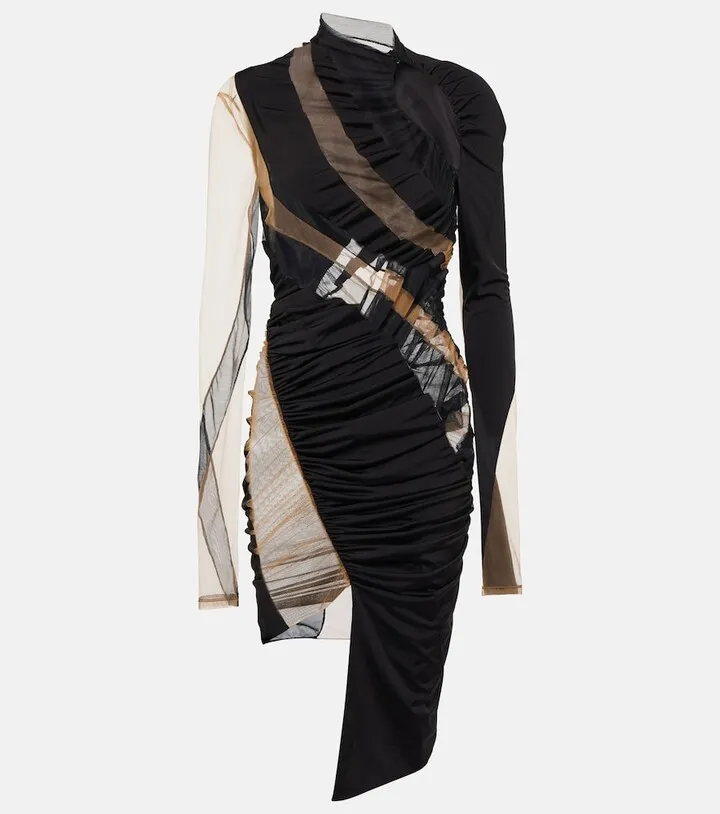 Ruched tulle-paneled minidress