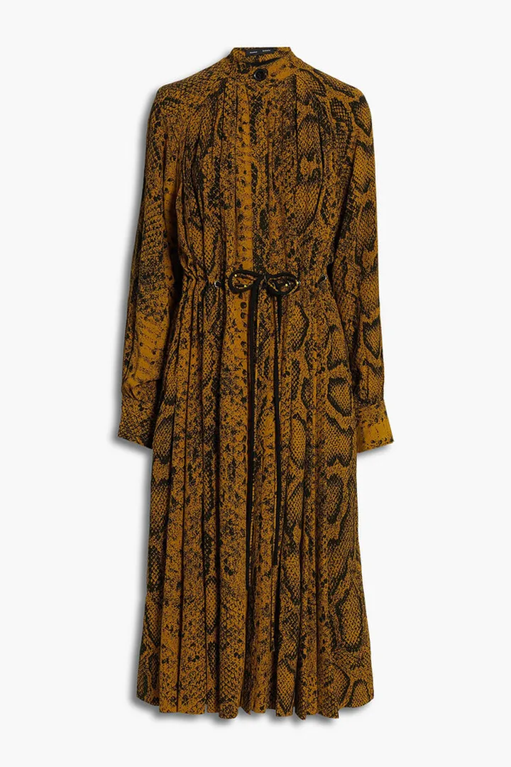 Belted pleated snake-print crepe midi dress