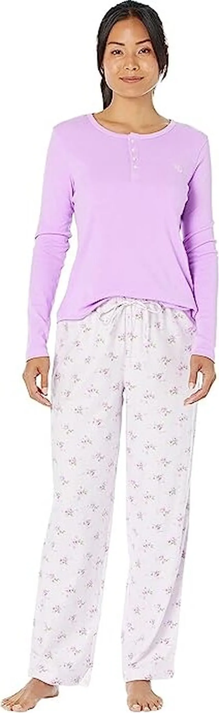LAUREN Ralph Lauren Long Sleeve Henley Long Pants PJ Set (Pink Floral) Women's Pajama Sets