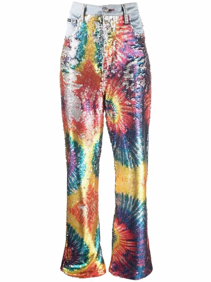 Tie Dye-Print Sequinned Jeans