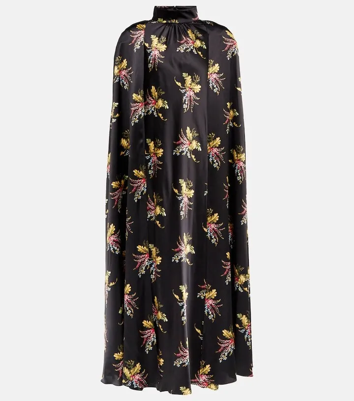 Floral silk charmeuse cape midi dress