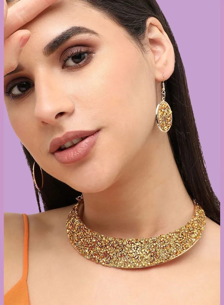 Gold Plated Designer Stone Party Necklace and Earring Set For Women