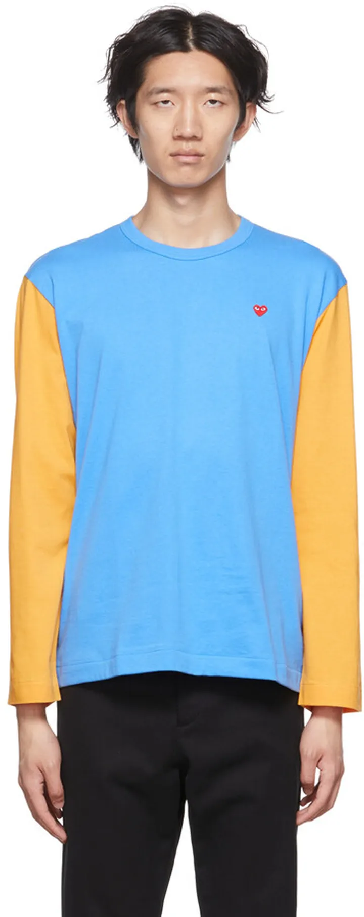 Comme des Garçons Play Blue & Yellow Heart Long Sleeve T-Shirt