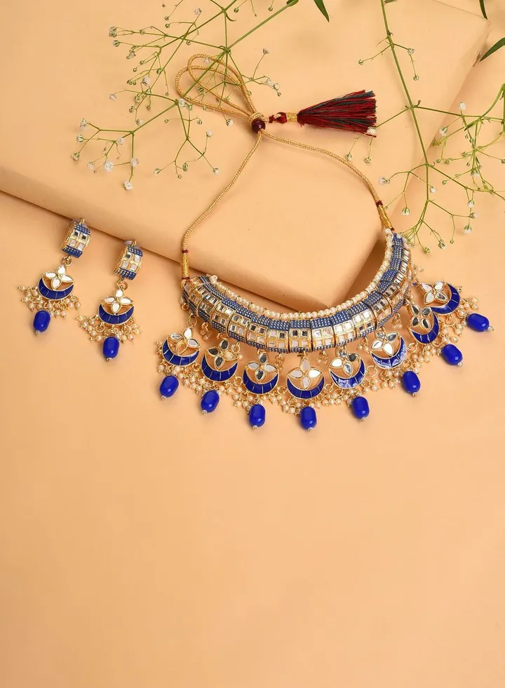 Gold Plated Designer Stone Beaded Necklace and Earrings Set