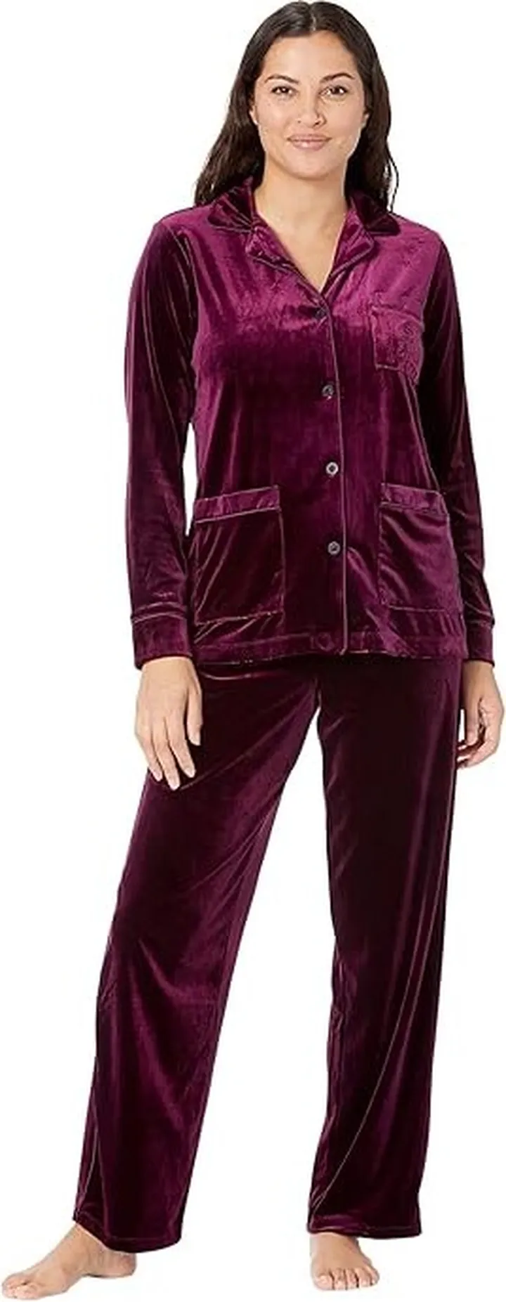 LAUREN Ralph Lauren Long Sleeve Velvet Notch Collar Long PJ Set (Burgundy) Women's Pajama Sets