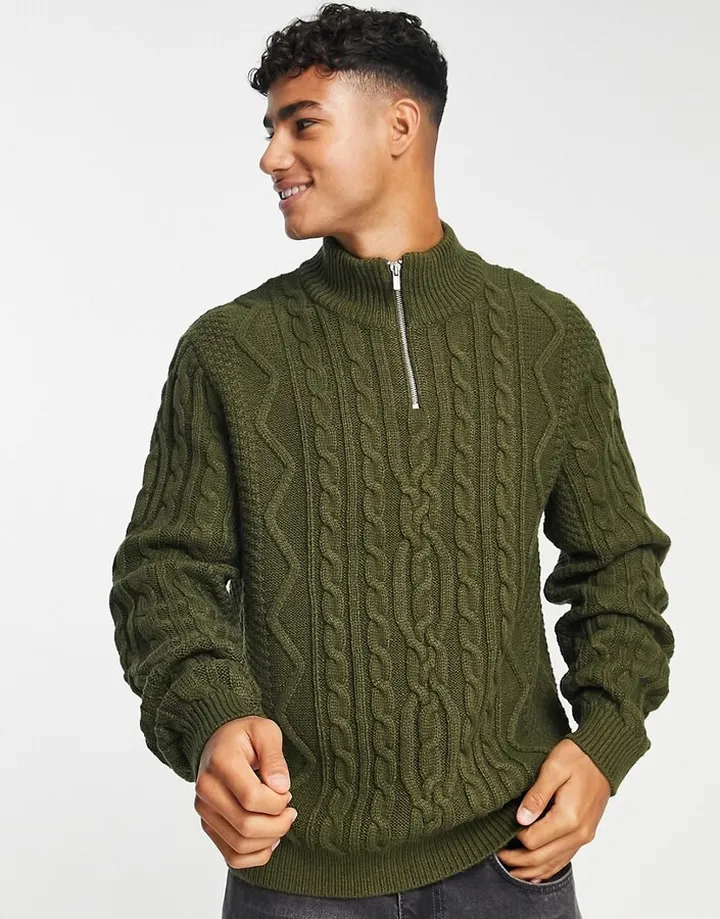 ASOS DESIGN heavyweight cable knit half zip sweater in khaki