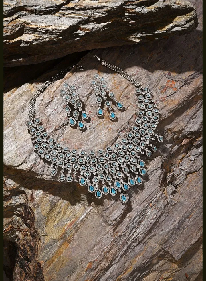 Silver Plated Designer Stone Necklace and Earring Set