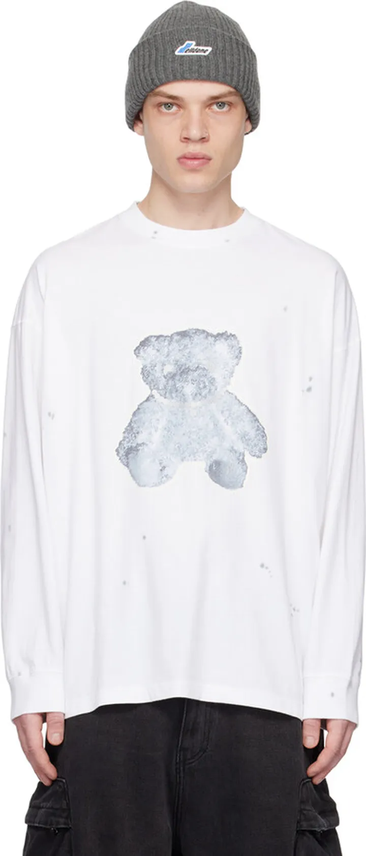 We11done White Pearl Necklace Teddy Print Long Sleeve T-Shirt