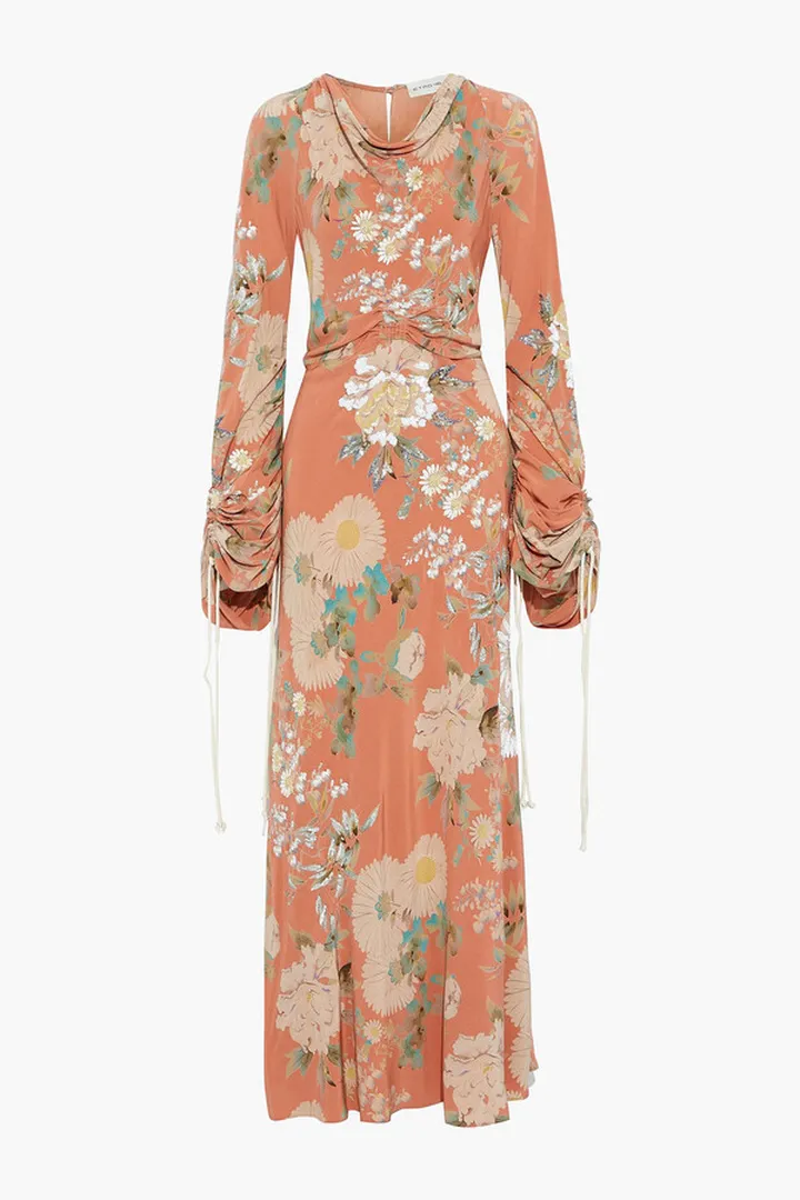 Ruched embellished floral-print silk crepe de chine maxi dress