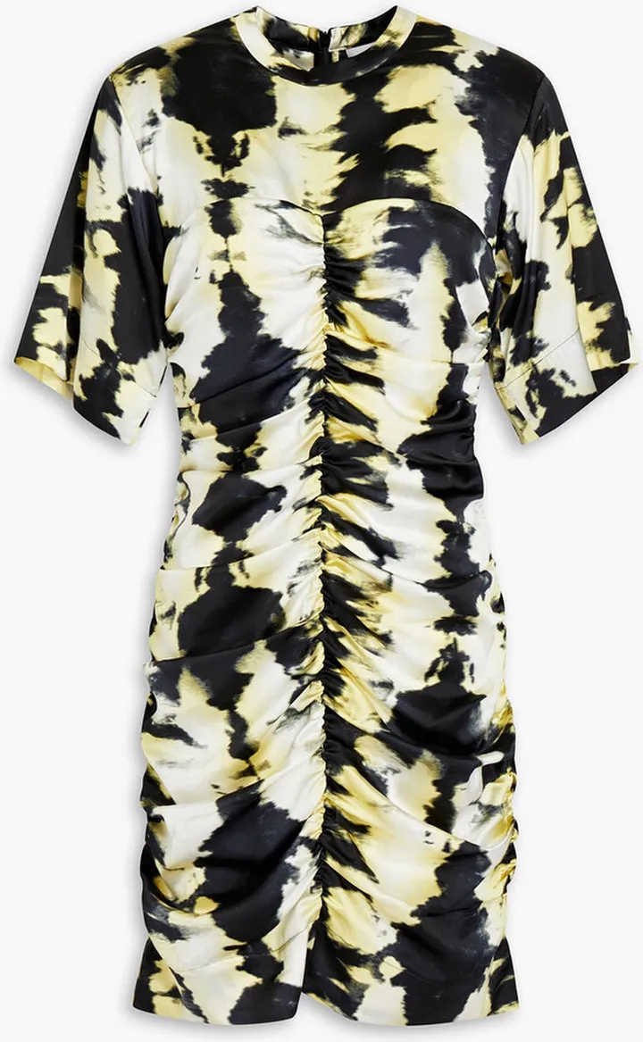 Ruched printed stretch-silk satin mini dress