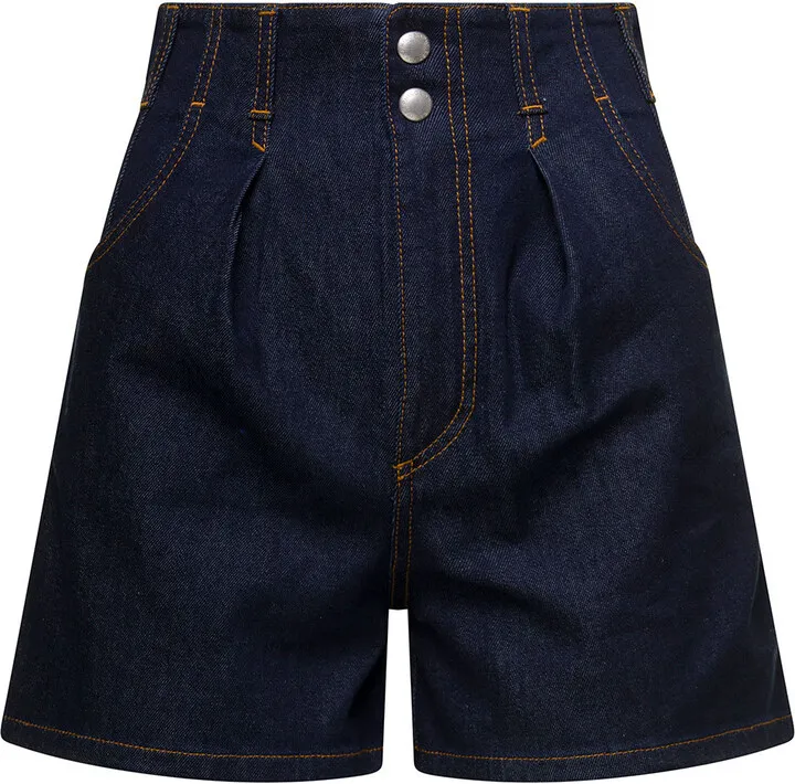 Blue High-waisted Shorts With Contrasting Stitching In Cotton Denim Woman