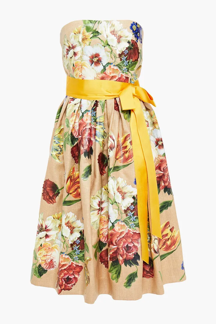 Strapless pleated floral-print canvas dress