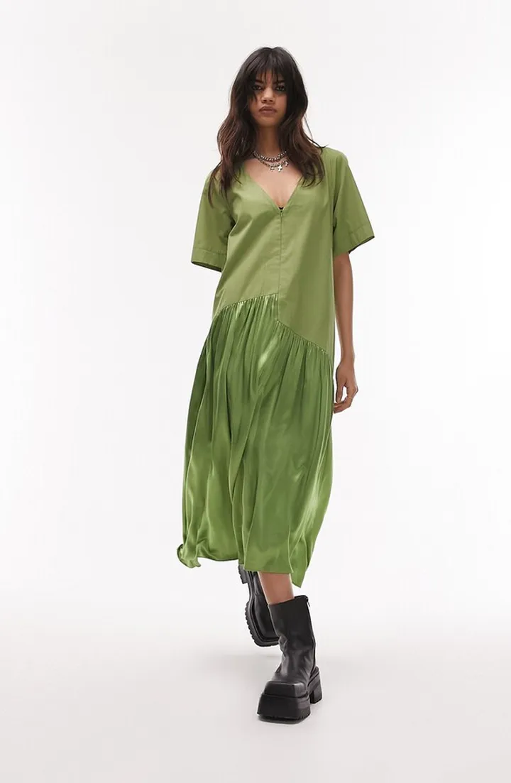 Front Zip Cotton Midi Dress