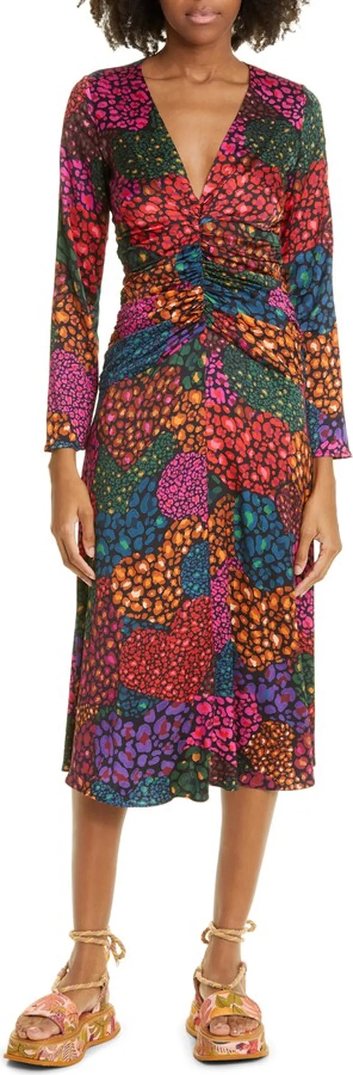 Rainbow Hearts Ruched Long Sleeve Midi Dress
