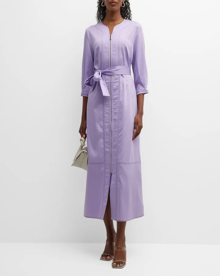 Belted Zip-Up Poplin Maxi Dress