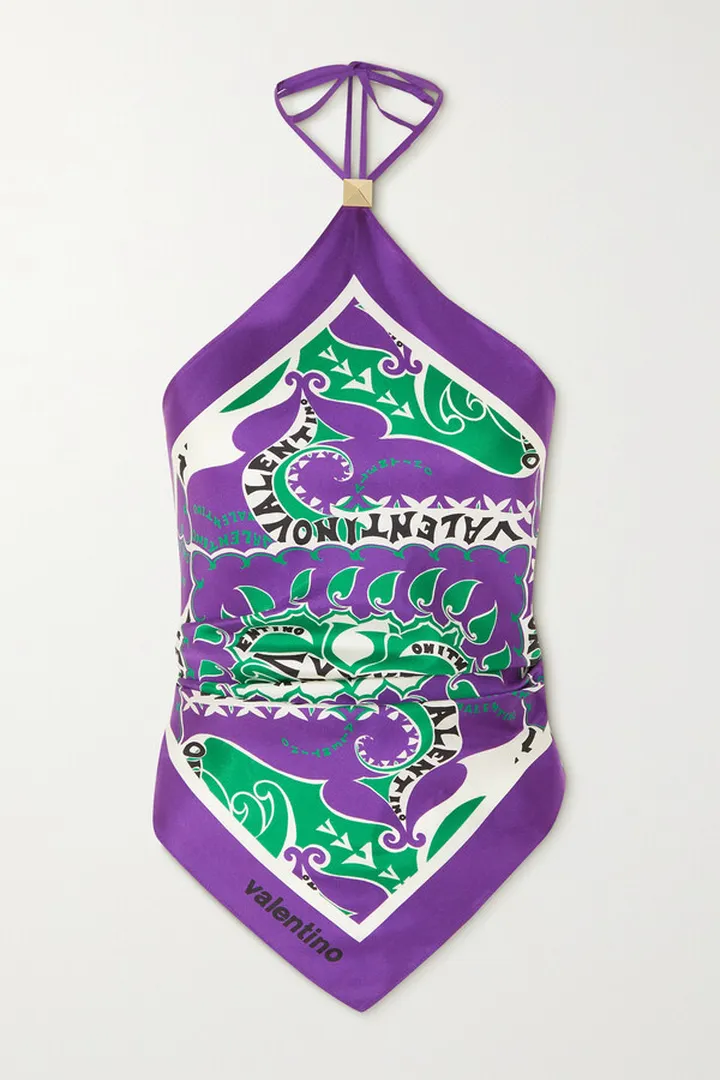 Valentino Garavani - Printed Silk-twill Halterneck Top - Purple