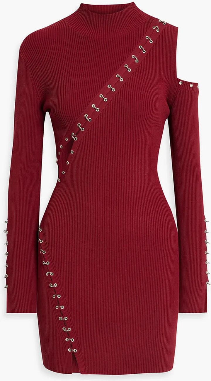 Aisha cutout embellished ribbed-kit mini dress
