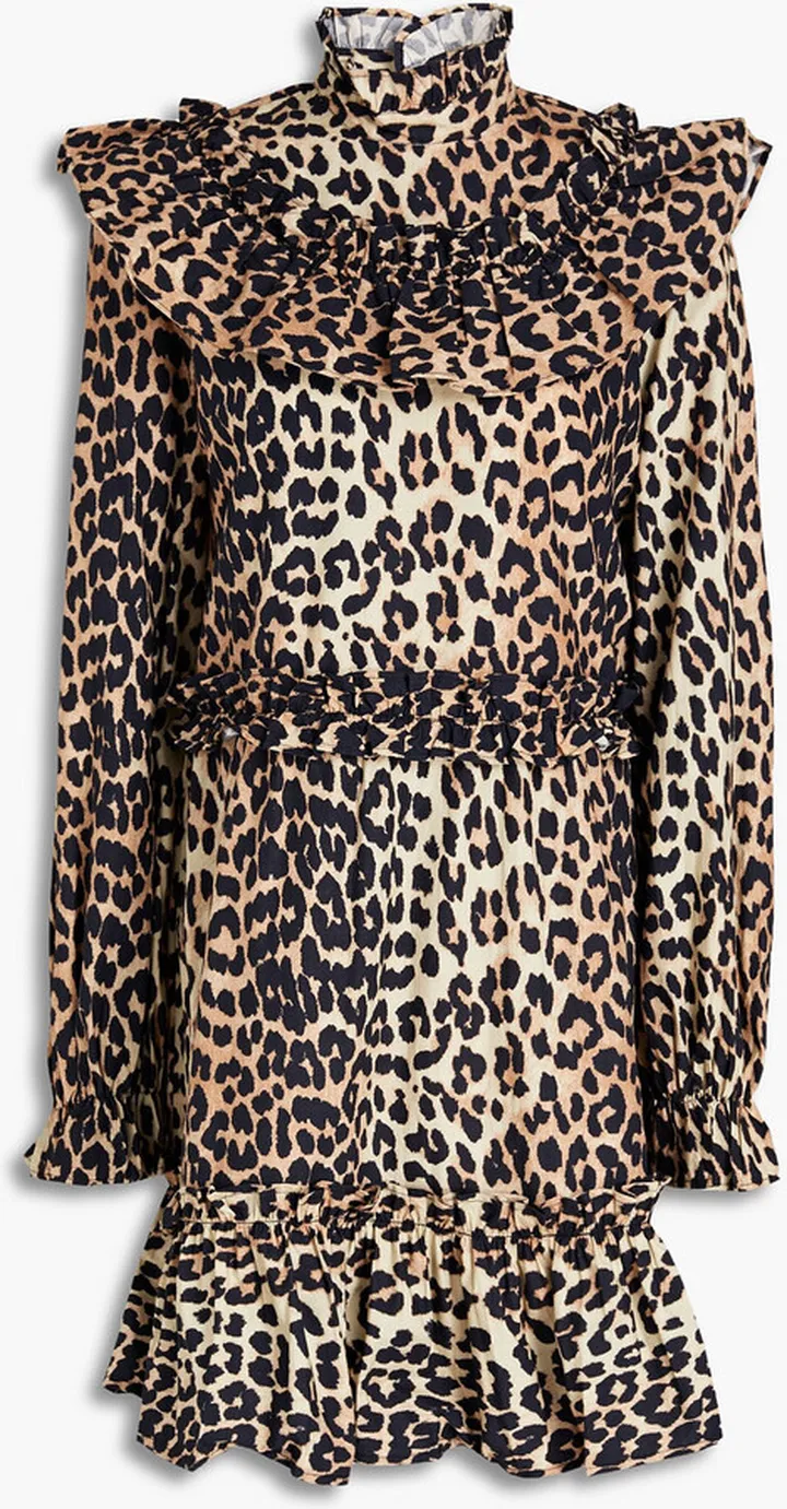 Ruffled leopard-print cotton mini dress