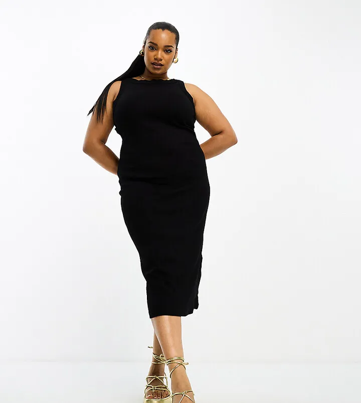 ASOS DESIGN Curve racer front ribbed midi tank dress in black