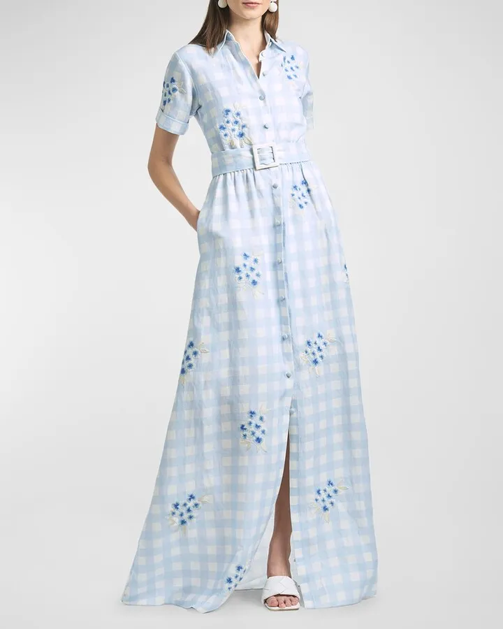 Kathryn Embroidered Gingham Maxi Shirtdress