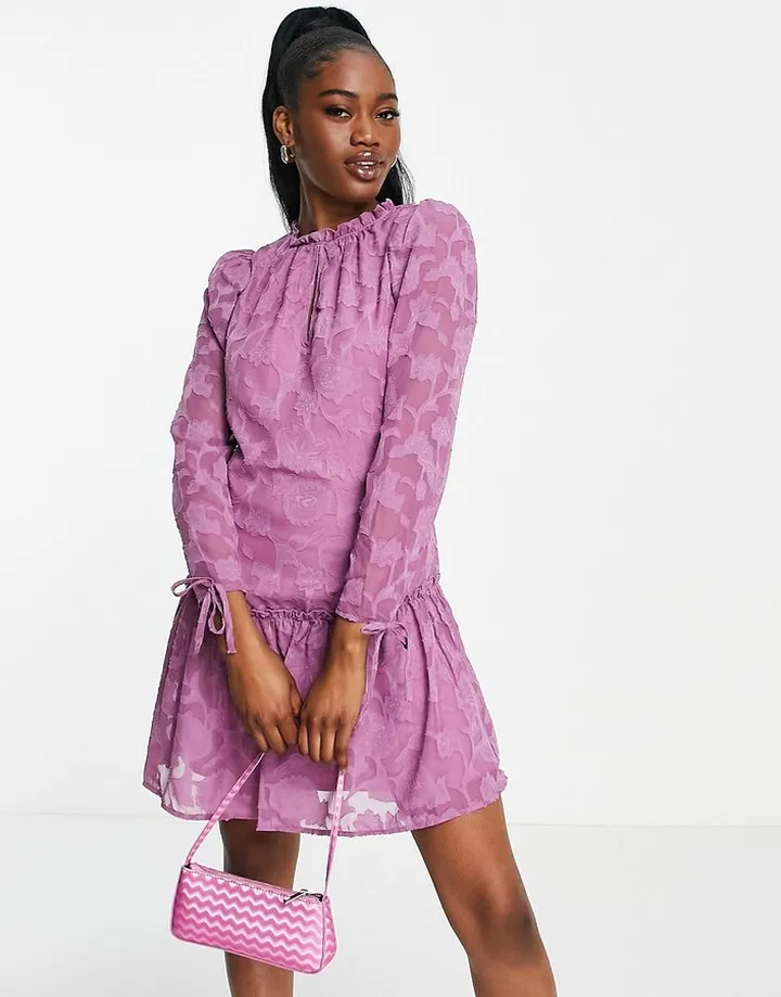Little Mistress long sleeve mini dress with ruffle skirt in lilac