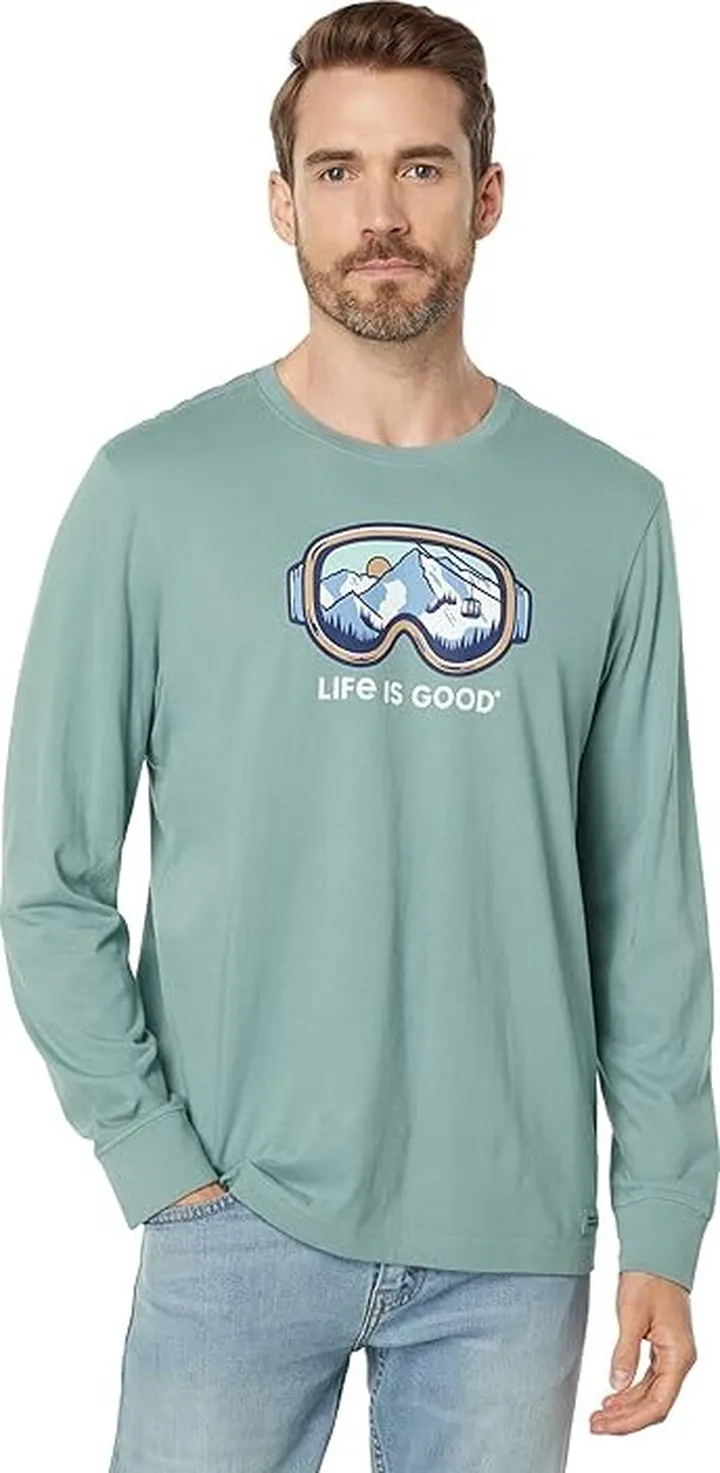 Life is Good Ski Goggle Landscape Long Sleeve Crusher Tee (Smoky Blue) Men's Clothing