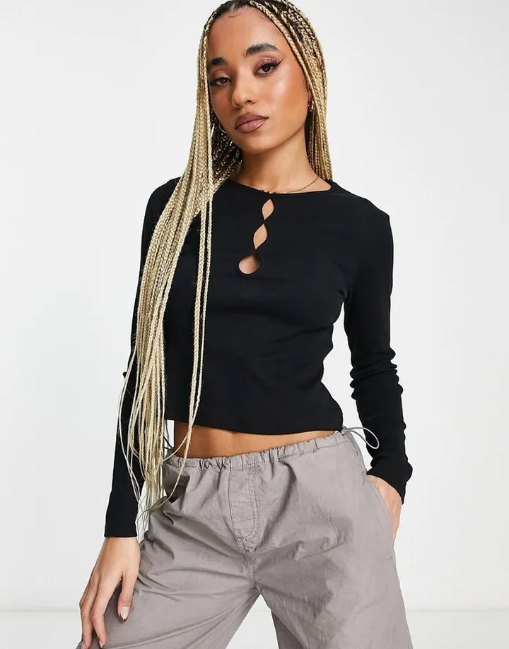 Threadbare Valeria ribbed cropped top with cut out front in black