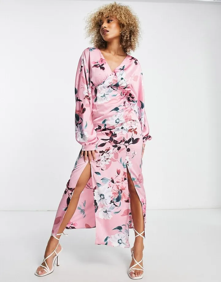 Liquorish satin maxi dress with kimono sleeve in dusky pink floral