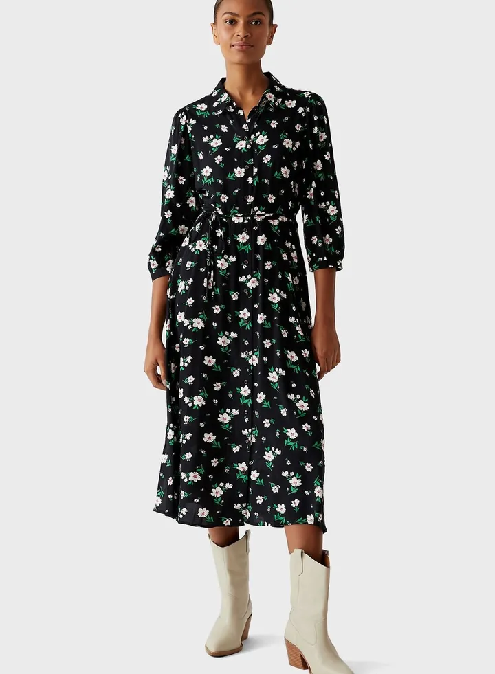 Floral Tie Waist Midi Shirt Dress
