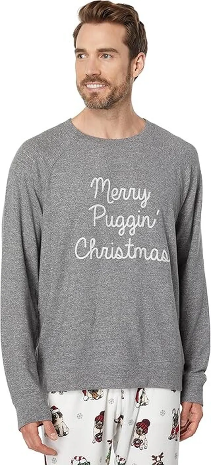 P.J. Salvage Merry Puggin' Christmas Long Sleeve Crew Neck (Heather Charcoal) Men's Pajama