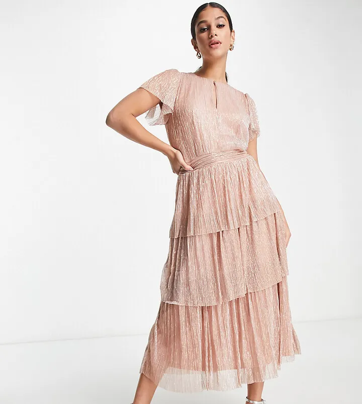 Ever New ruched waist tiered glitter midi dress in rose gold