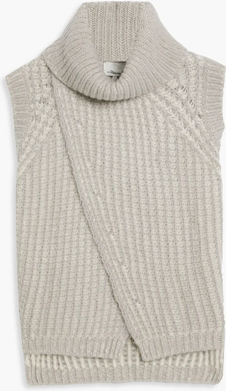 Wrap-effect ribbed-knit turtleneck sweater