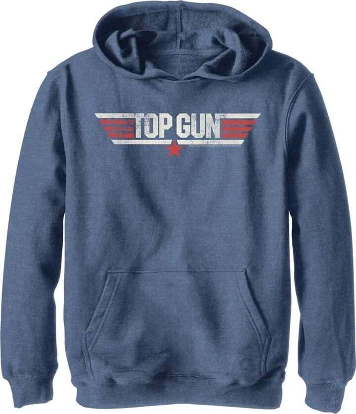 Boy's Top Gun Logo Distressed Pull Over Hoodie - Navy Blue Heather - Large