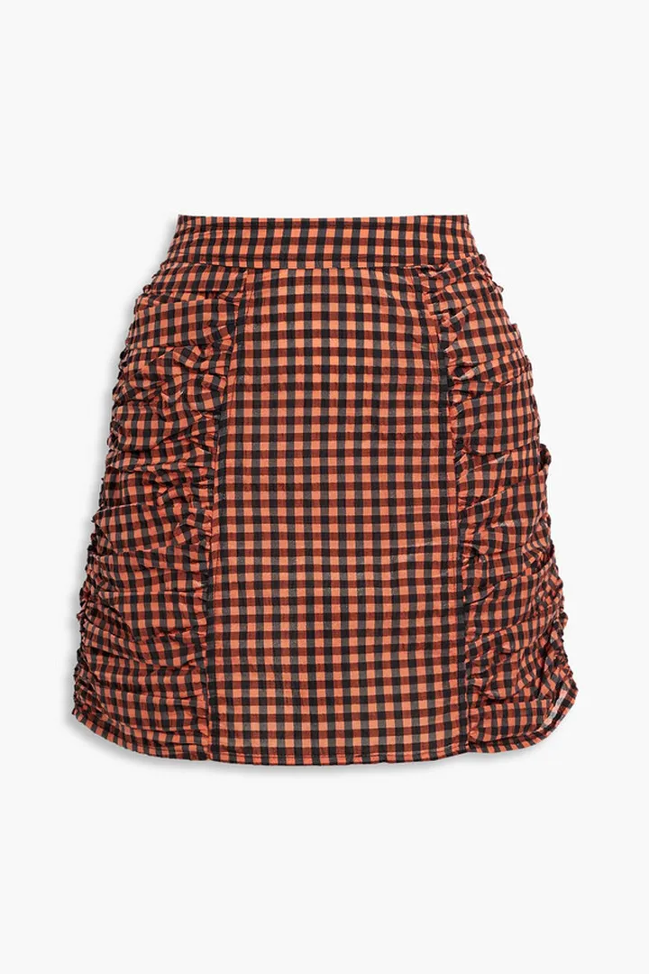 Ruched gingham seersucker mini skirt