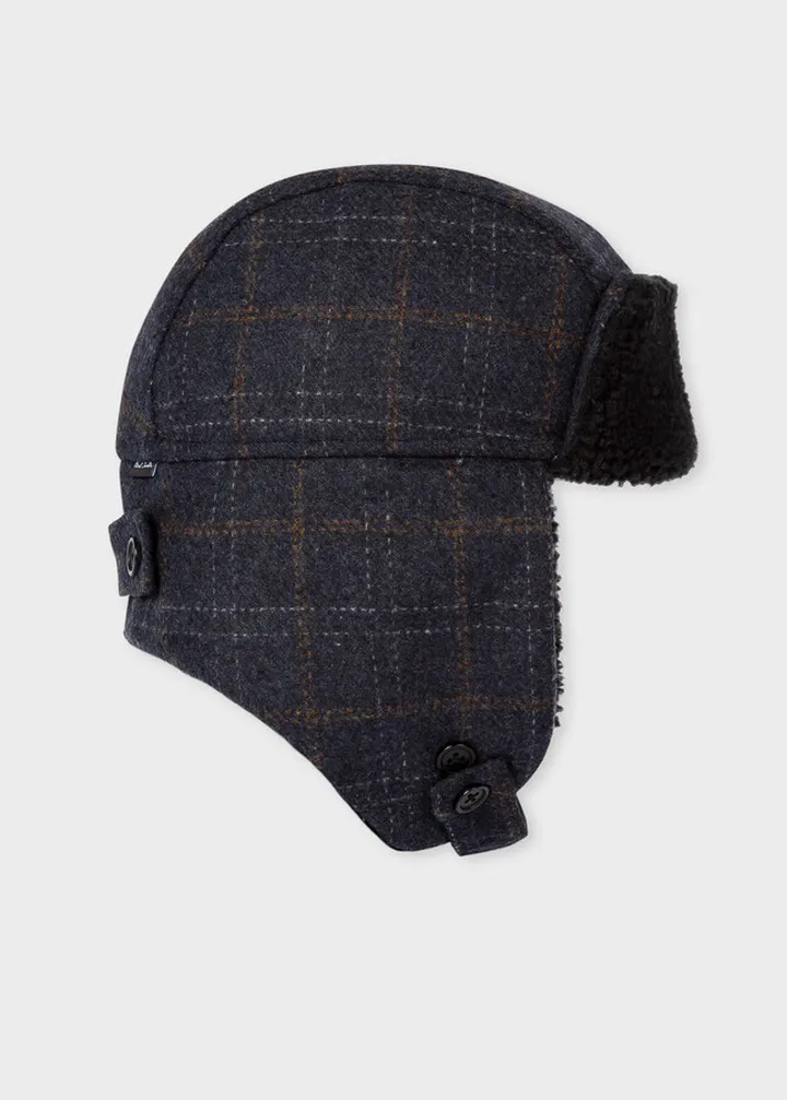 Navy Wool Check Trapper Hat