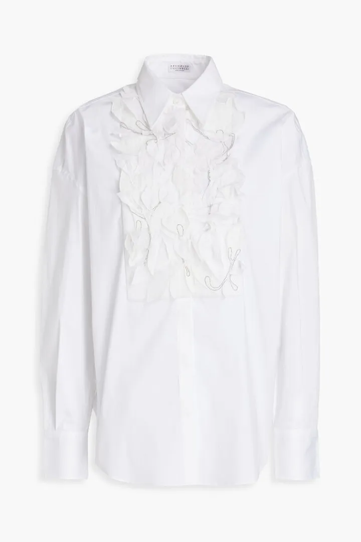 Bead-embellished appliquéd cotton-blend poplin shirt