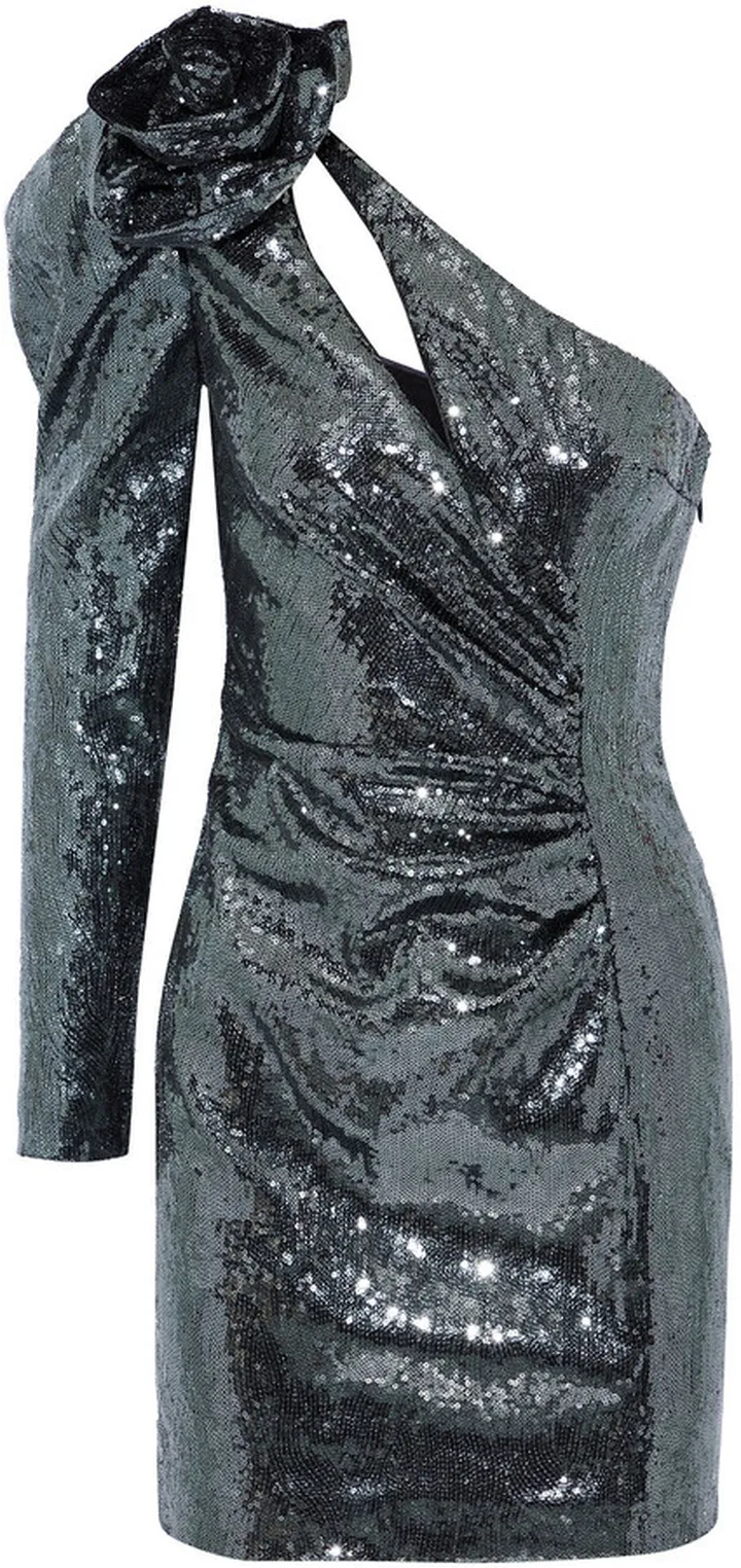One-shoulder cutout sequined tulle mini dress
