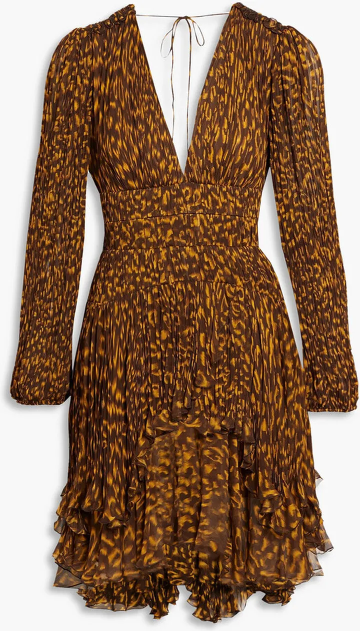 Dania ruffled printed plissé-chiffon mini dress