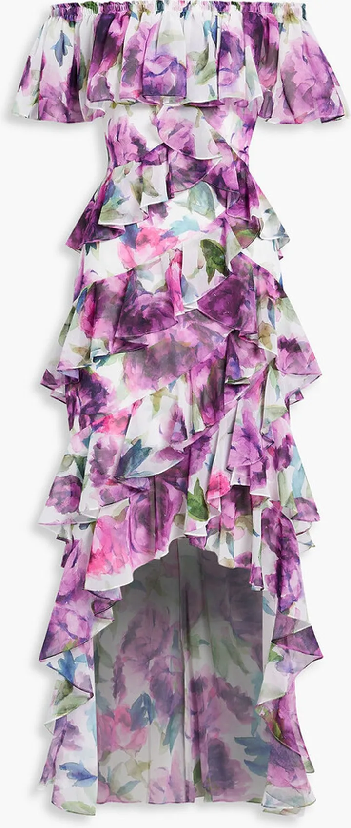 Off-the-shoulder ruffled floral-print chiffon dress