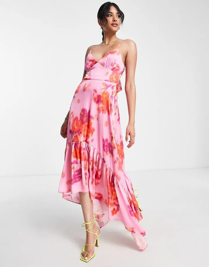 Topshop blurred floral asymmetric midi slip dress in pink