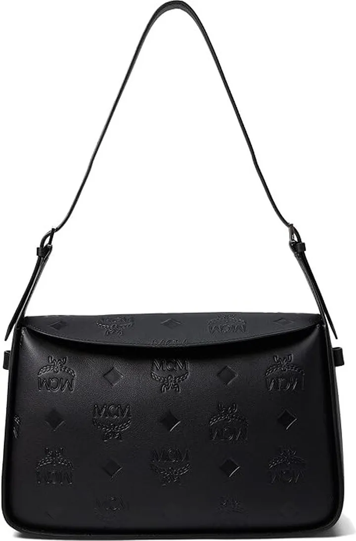 MCM Aren Embroidered Monogram Leather Hobo Medium (Black) Handbags